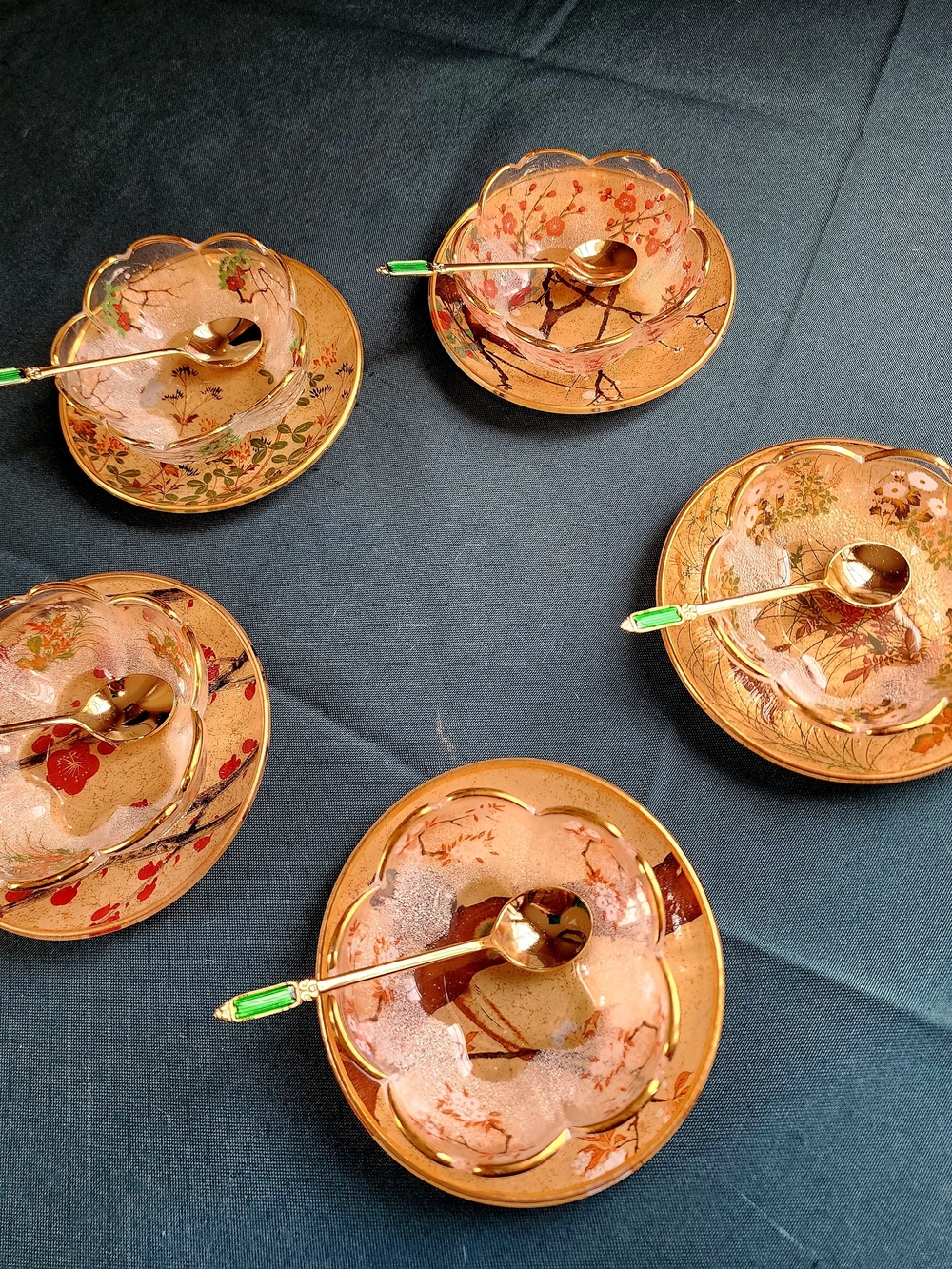 Japanese Gold Floral Glass Cup and Saucer Set with Gold Colored Spoons